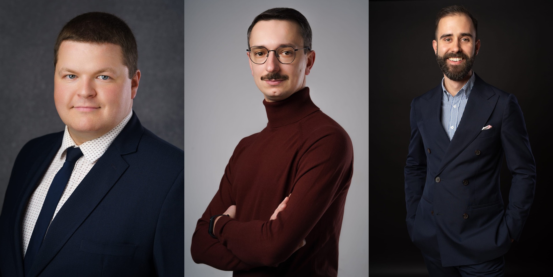 Trzy portrety mężczyzn do marki osobistej - jaśniejsze tło w środkowym kadrze