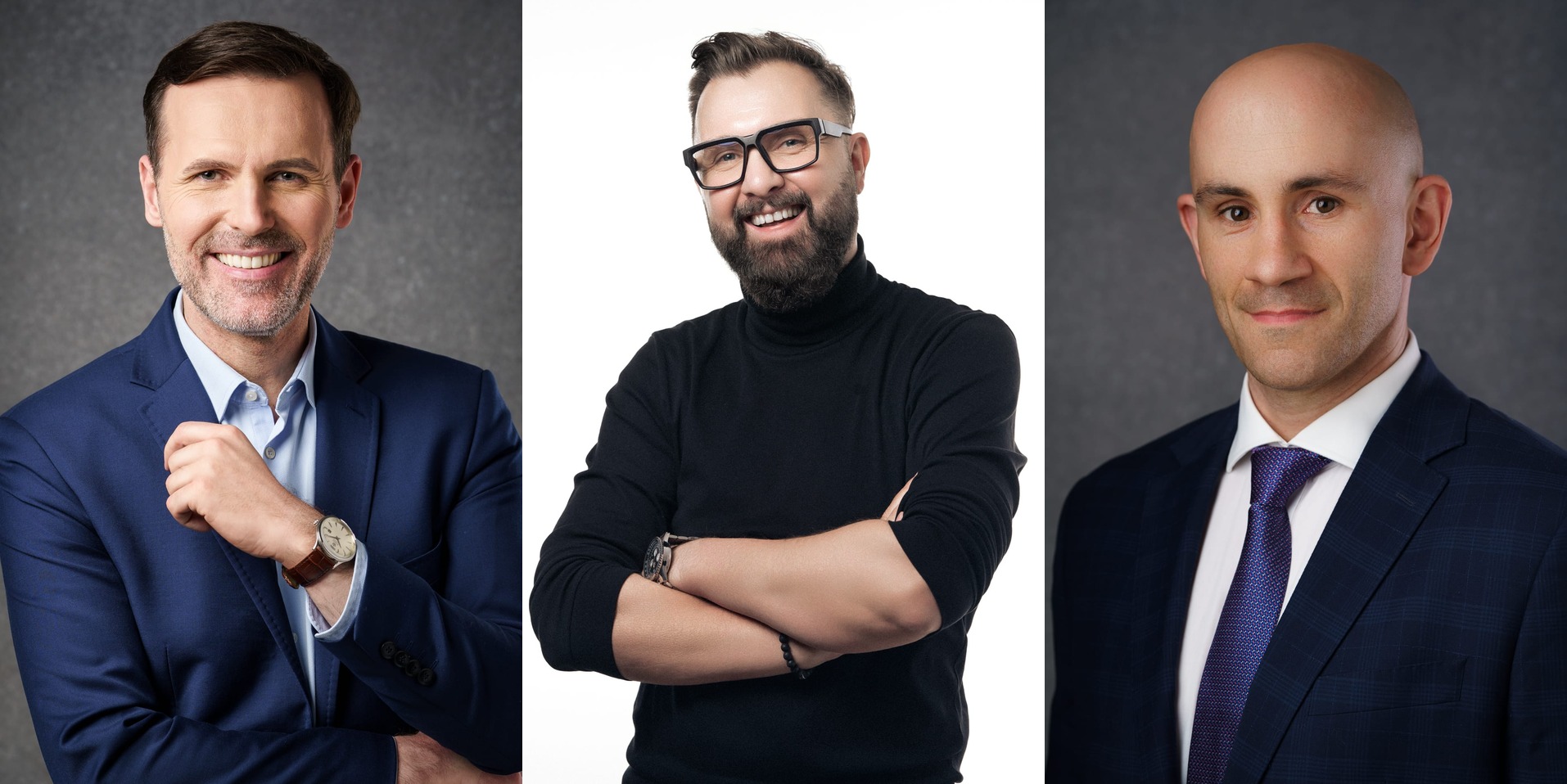 Trzy męskie portrety na LinkedIn - jasne tło pośrodku i szare tła po bokach